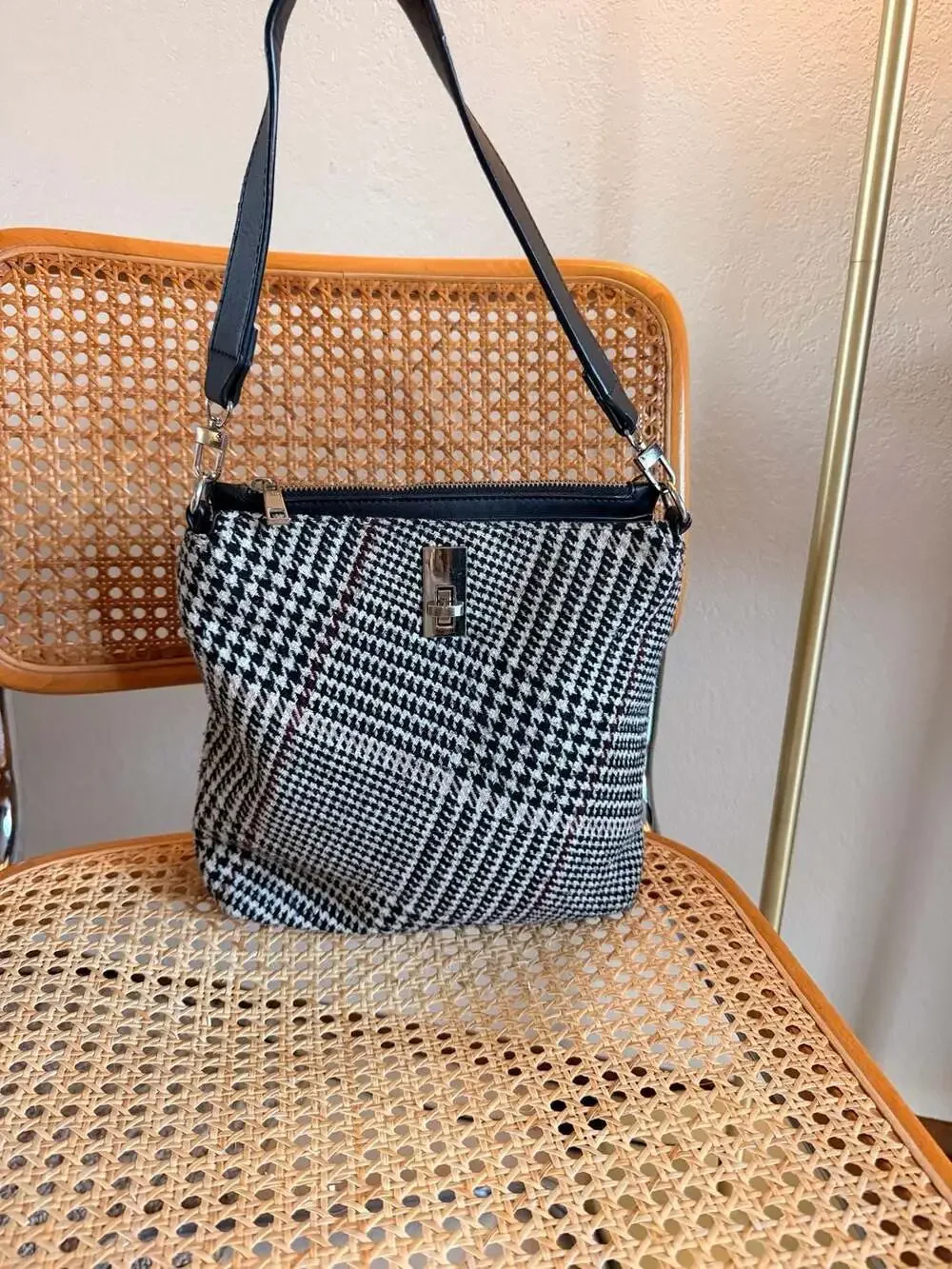 Vintage Plaid Houndstooth Shoulder Bag with Black Leather-like Trim